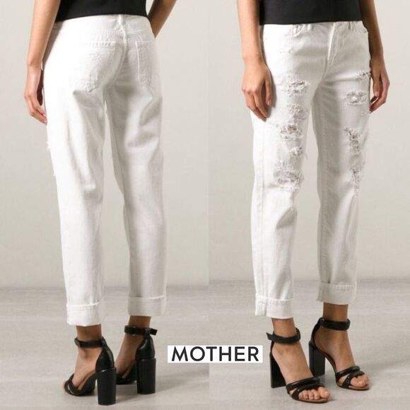 MOTHER Denim - MOTHER The Loosey Party Crashers Distressed Boyfriend White Jeans 25 Relaxed Fit
